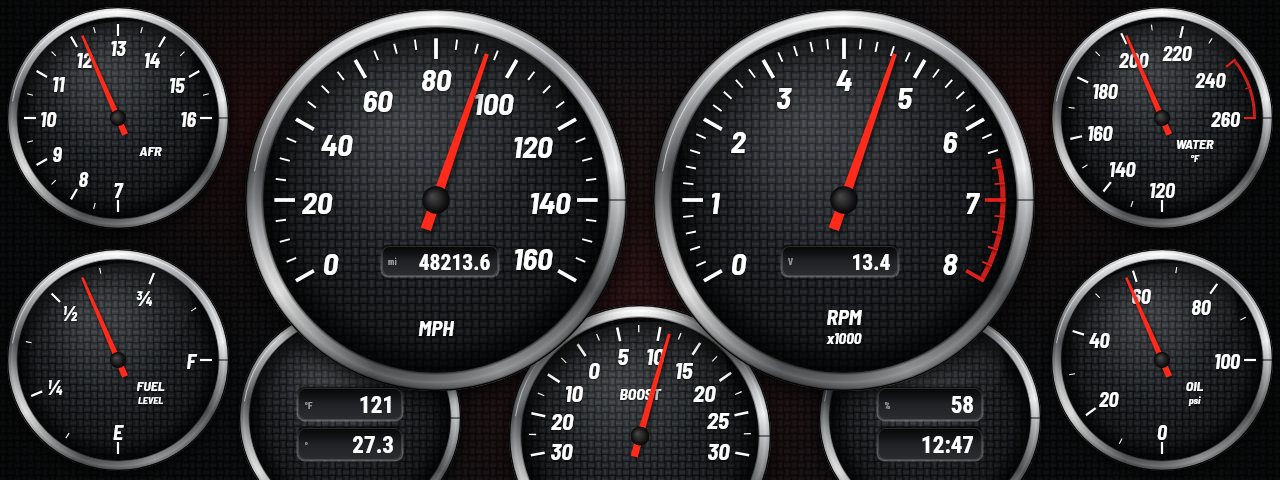 Custom carbon and chrome Holley Pro Dash layout made with Gauge Garage